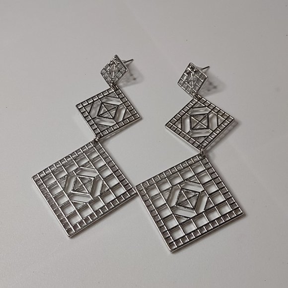 Long Silver Tone Metal Decorative Dangling Square Earrings - Picture 1 of 12